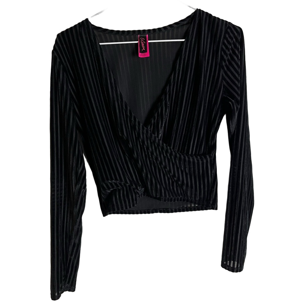 La Senza Black Pinstripe Wrap Crop Top Velvet Sheer M